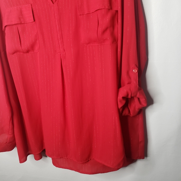 Kim Rogers Woman Red Chiffon Blouse Roll Tab Sleeves Plus Size 3X - Picture 10 of 13